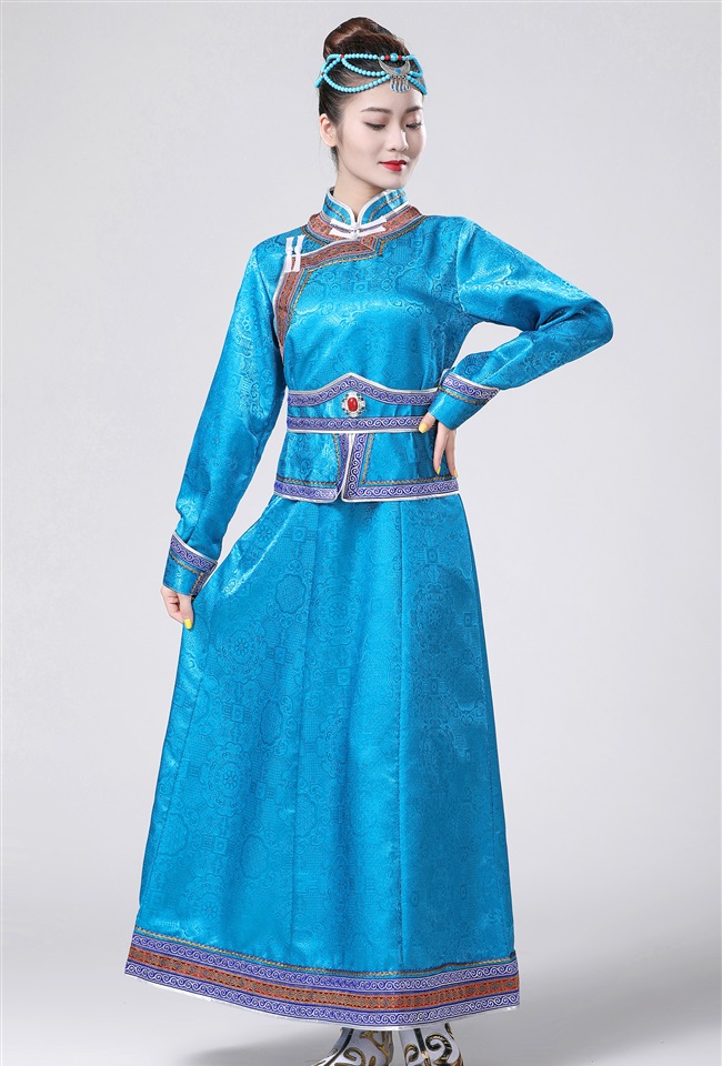 秋季女士蒙古袍长款成人提花蒙族连衣裙民族服饰蒙古服装女
