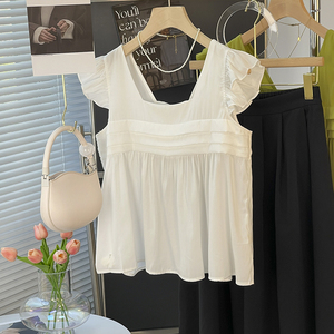 白色方领小飞袖无袖背心上衣女夏季法式荷叶边雪纺娃娃衫锁骨小衫