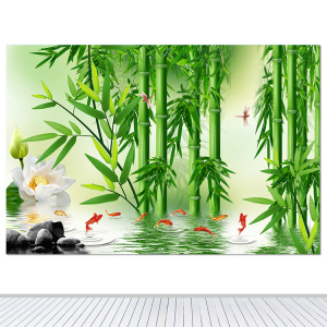 竹子竹林装饰画荷花九鱼图客厅电视背景墙画招财风水画翠竹自粘画