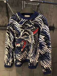 国内现货xs码gucci古驰男士蓝色狼头图案全羊毛套头毛衣针织衫冬