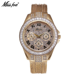 miss fox速卖通新款圆形金色铜带时尚镶钻锆石女士手表时尚个性