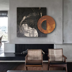 装饰画抽象创意个性圆方双拼画中画画橙色装置艺术玄关客厅挂画