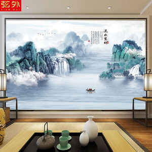 新款中式电视背景墙壁纸意境水墨山水画墙纸客厅大气影视墙布壁画