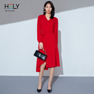 hely时尚v领连衣裙2021秋季新品女装宽松有型修腿收腰气质佳
