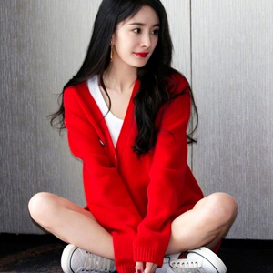 代购exjr杨幂同款红色针织开衫羊毛毛衣v领秋慵懒风宽松外套