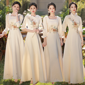 中式伴娘服2024新款秋冬季香槟色长袖姐妹团晚礼服长裙女缎面加厚