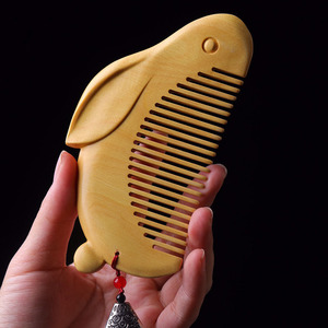 黄杨木雕可爱生肖兔子梳子汉服木梳头部实木梳女生日礼物工艺礼品