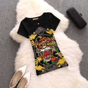 海外ed潮牌埃德哈迪时尚夏季圆领镶钻镜中老虎头女士宽松短袖t恤