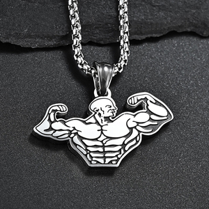 健美先生钛钢吊坠项链健身运动不掉色欧美简约风酷潮流男肌肉配饰