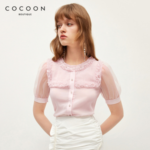 missCOCOON法式衬衫夏款浪漫甜美花边珍珠网纱泡泡袖上衣
