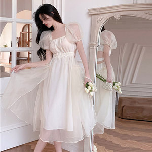 温柔风甜美法式白色网纱长裙方领泡泡袖露腰连衣裙女夏设计高级感