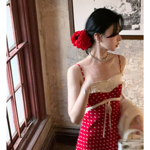 法式红色波点吊带连衣裙纯欲甜辣风蕾丝蝴蝶结别致绝美修身鱼尾裙