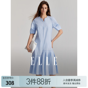 ELLE法式设计感百褶短袖连衣裙女2024夏季新款小个子V领气质裙子