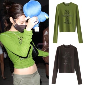 韩国代购current金智妮jennie同款修身毛衣长袖圆领绿色t恤打底衫