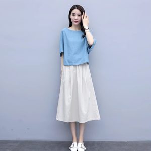 棉麻连衣裙女2024夏季新款减龄时尚韩版两件套装中长款亚麻裙子潮