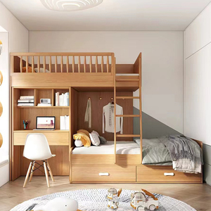 左右原木色交错式上下床带书桌错位双层床上下铺木床儿童多功能组