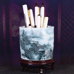 景德镇陶瓷名师山水画书画收纳缸卷轴缸客厅书房落地字画筒工艺品