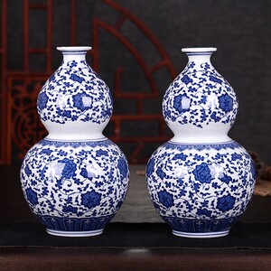 玄关开口陶瓷大葫芦摆件大号客厅镇宅瓷器工艺品景德镇青花瓷花瓶
