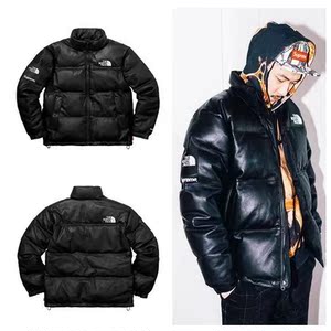 the north face北面supreme联名羽绒服皮面皮质tnf防风保暖外套男