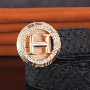适用于爱马仕潮流圆扣皮带男士真皮百搭镶鉆字母h自动扣腰带个性