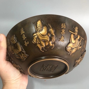 铜碗古玩铜器收藏鎏金八仙碗铜碗大号八仙碗工艺品摆件礼品