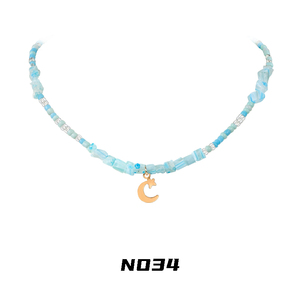 NO34 欧美波西米亚风月亮锁骨链女蓝色琉璃纹石项链小众原创颈链