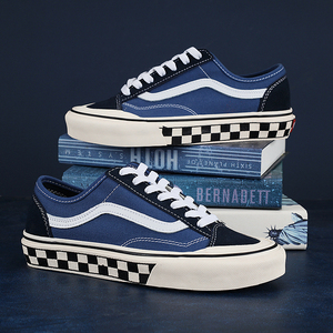 正品万斯style36深蓝色棋盘格海军蓝腰果花帆布板鞋男女黑白低帮x