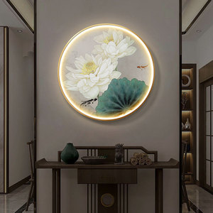 新中式装饰画玄关圆形led发光灯画餐厅背景墙挂画国风荷花韵壁画