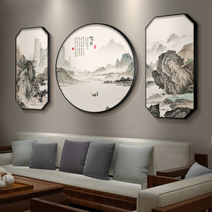 客厅山水装饰画新中式红木沙发后面背景墙挂画茶室禅意壁画聚宝盆