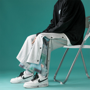 中国潮李宁韩版假两件排扣腰果花裤子男潮牌大码休闲长裤山本风宽