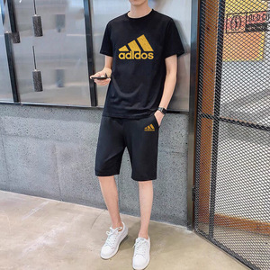 正阿迪达斯休闲运动套装潮流男装夏天短袖五分裤两件套跑步运动服