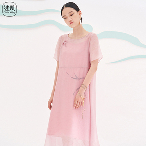迪凯女装夏季新款中长款裙优雅温婉气质复古国风宽松休闲连衣裙
