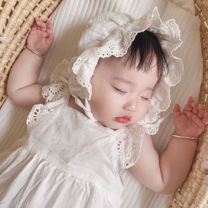 童泰婴儿公主帽蕾丝花边韩国网红新生儿女宝宝满月百天可爱纯棉帽