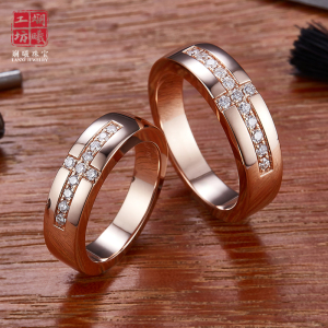18k彩金钻石情侣款对戒十字架男戒指au750玫瑰金结婚婚戒刻字定制