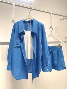 夏季女装2024新款小香风蓝色衬衫运动休闲短裤活泼减龄两件套装裤