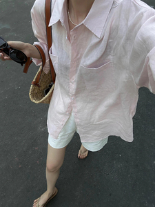 欧货时装款~少女粉色亚麻面料舒适衬衫女高端Polo领防晒衬衣上衣