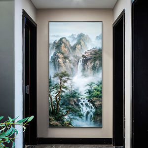 新中式玄关过道挂画手绘油画高山流水装饰画挑高巨幅山水风景壁画