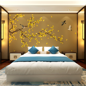 新中式银杏叶床头背景墙壁纸工笔花鸟电视背景墙纸客厅卧室壁画布