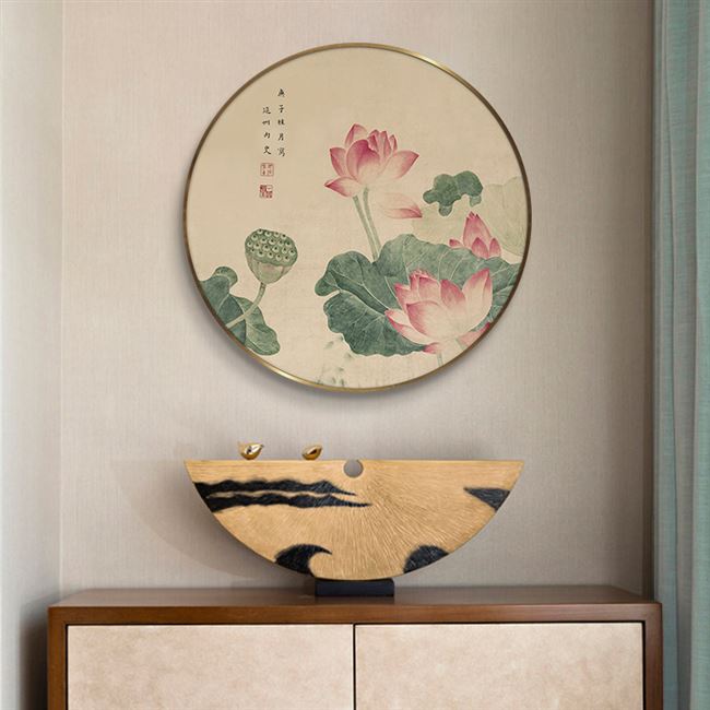 客厅荷花国画新中式装饰画莲花壁画茶室挂画玄关餐厅圆形仿古墙画