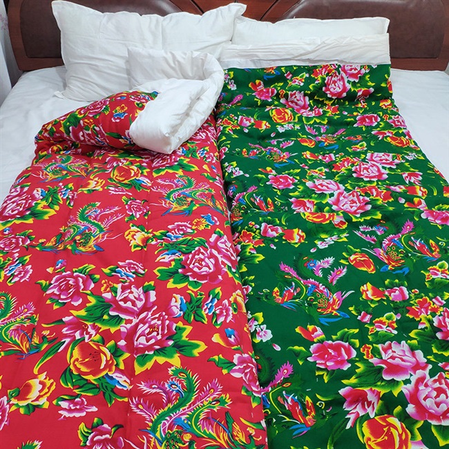 东北大花布被套农村传统纯棉被罩老式包边被子套单件结婚被面红绿