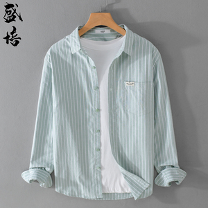 日系条纹衬衫高级感男士清新百搭纯棉长袖衬衣春季新款气质寸衣潮