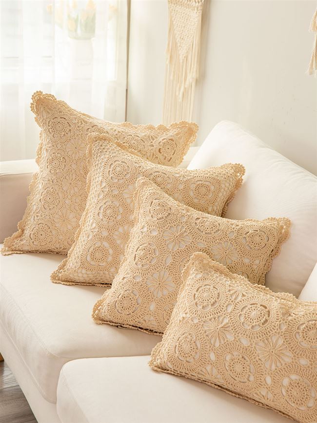 手工钩针钩花棉线编织客厅沙发抱枕靠垫米色复古蕾丝镂空靠垫枕套