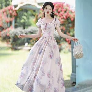 法式复古宫廷风紫色碎花连衣裙高级感设计感小众收腰气质长裙夏款