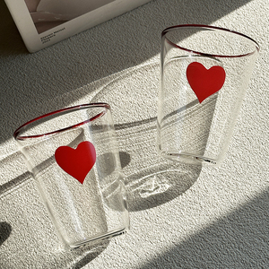 耐热情侣爱心高硼硅玻璃杯大容量牛奶果汁饮料杯高颜值印花创意