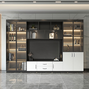 电视柜陈列柜一体客厅玻璃门装饰柜满墙到顶影视柜定制带灯大书柜