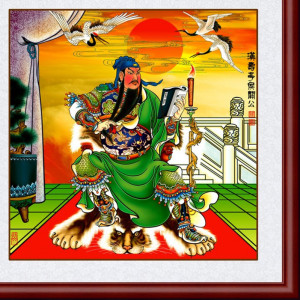 国画武财神关羽画像关公图夜读春秋挂画客厅玄关方形木画框装饰画