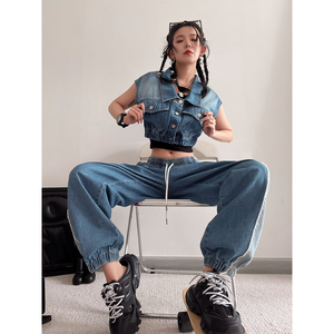 cbx牛仔短款无袖上衣2022新款爵士舞jazz时尚潮ins套装嘻哈牛仔裤