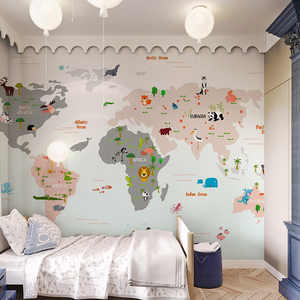 世界地图墙纸动物卡通儿童房墙布男孩女孩卧室壁布幼儿园无缝壁画
