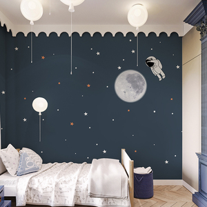 宇航员星空壁纸卡通墙纸儿童房墙布男孩卧室壁布简约卧室背景墙
