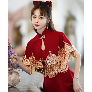 中式敬酒服新娘酒红色旗袍结婚回门礼服女夏季小个子披肩平时可穿